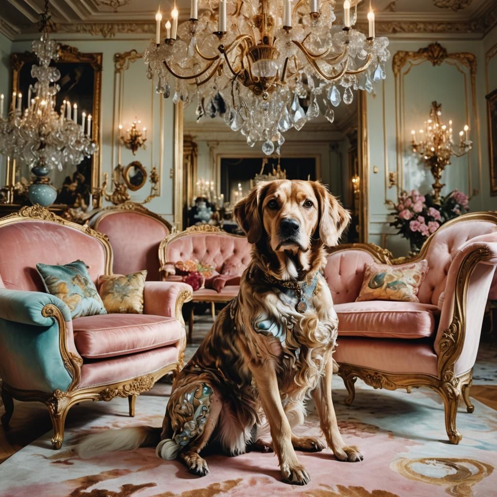 Surreal Dog in Luxurious Living Room, Oil Painting