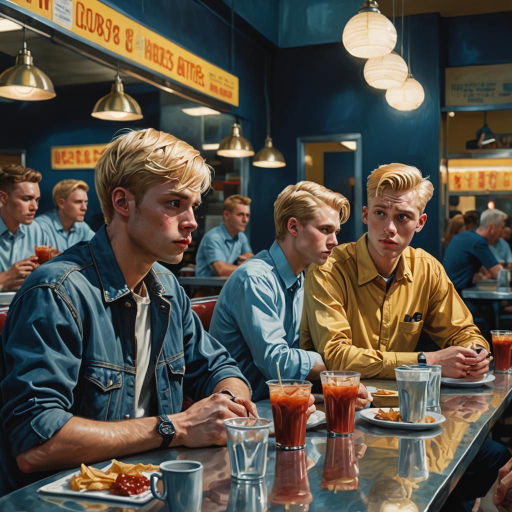 Cafeteria Scene with Matching Hair, Digital Art