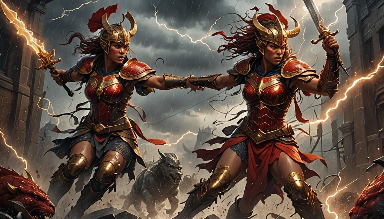 Red Gladiator Battles Monsters in Dark Fantasy Art
