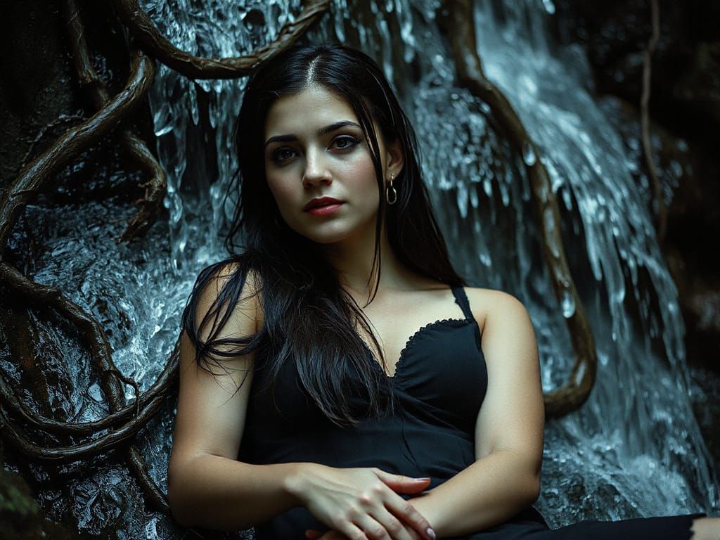 Gothic Woman by Waterfall in Biomechanical Style