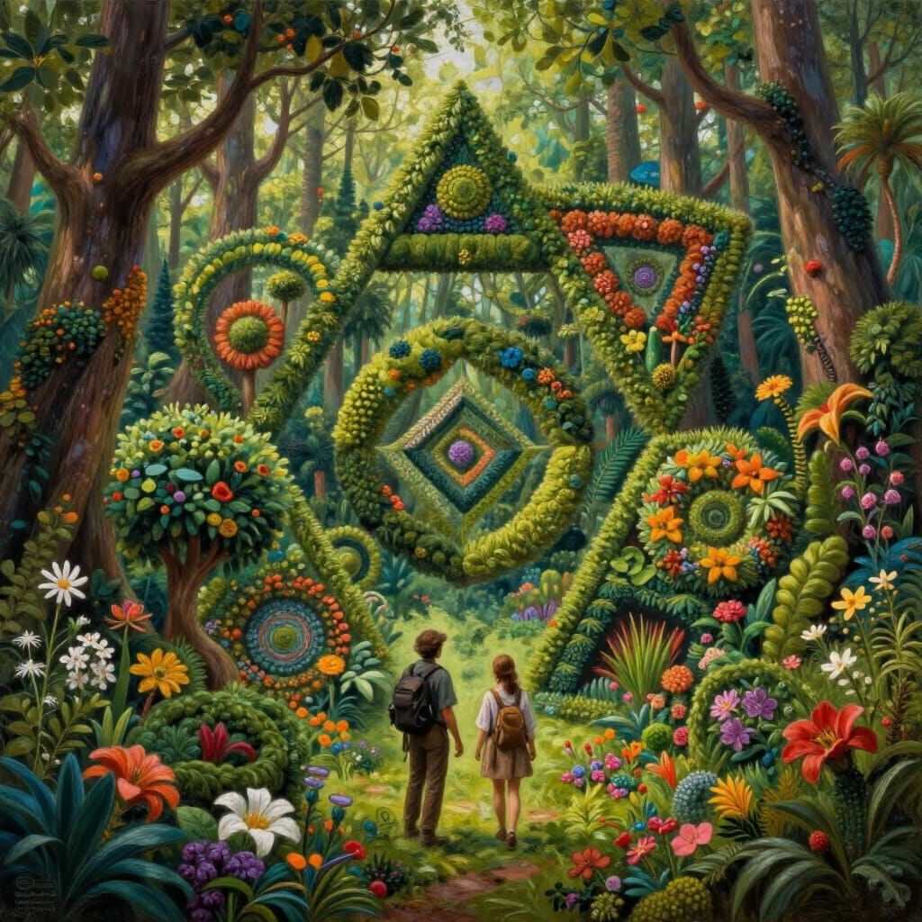 Enchanted Geometric Forest Explored by Adventurers