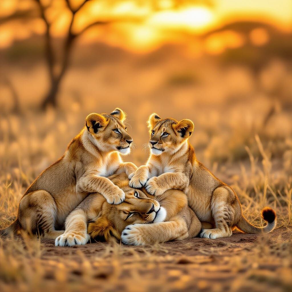 Lion Cubs Play on Father in Golden African Savannah Light