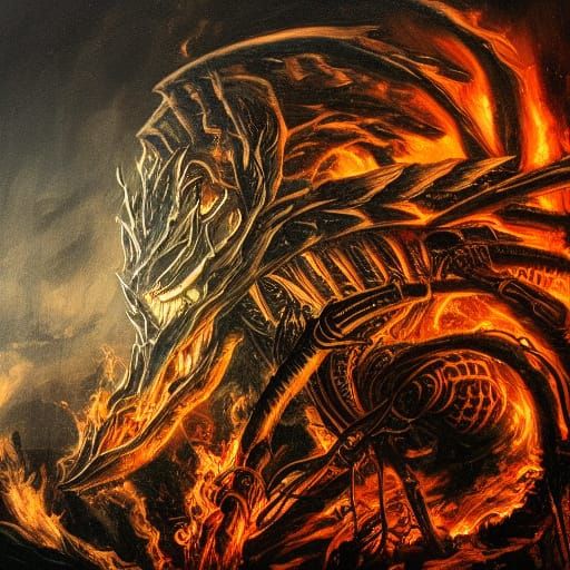 Dark Biomechanical Demon Unleashed from Infernal Flames