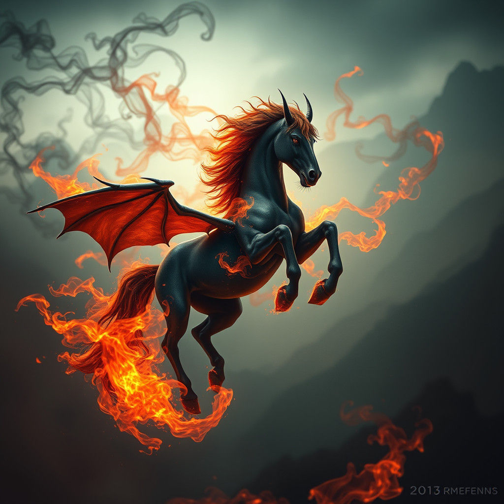 Fiery Demon Horse in Ethereal Landscape