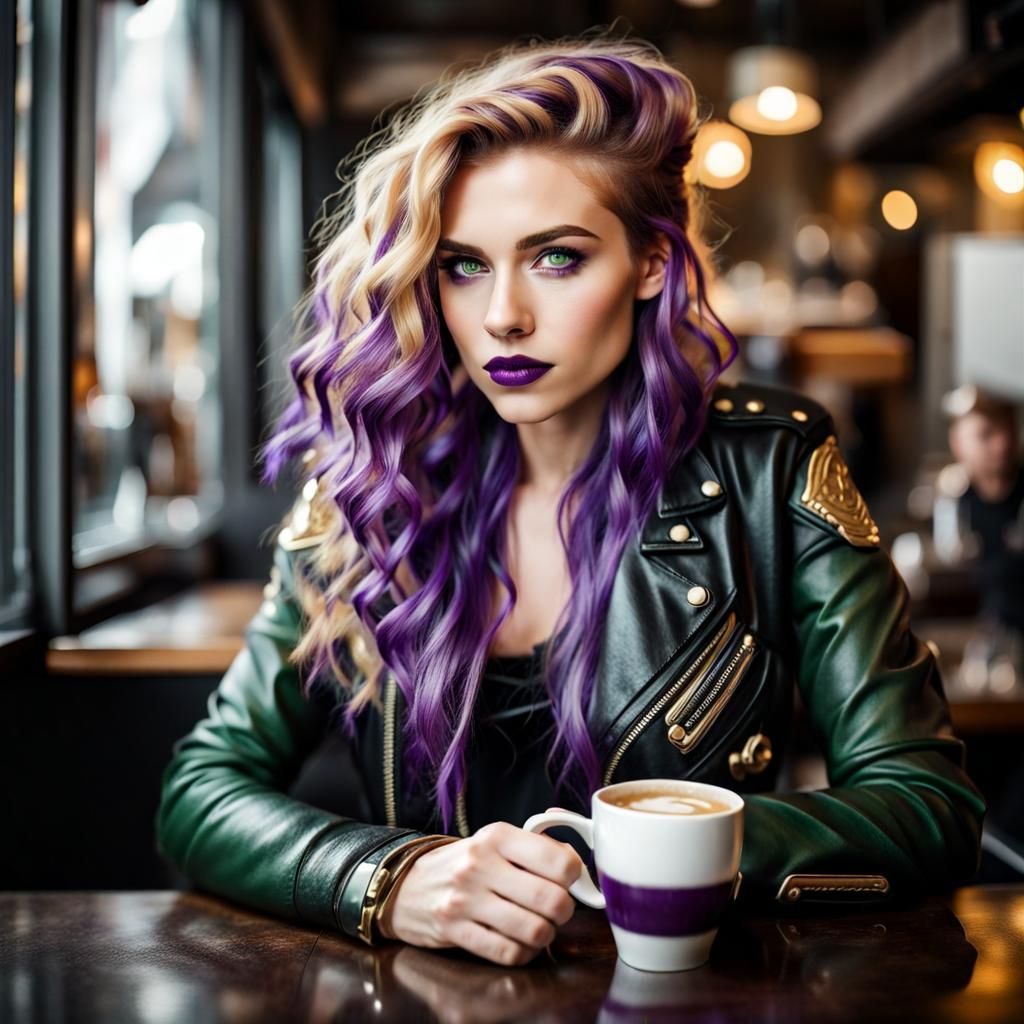 Viking Woman with Purple Accents Having Coffee