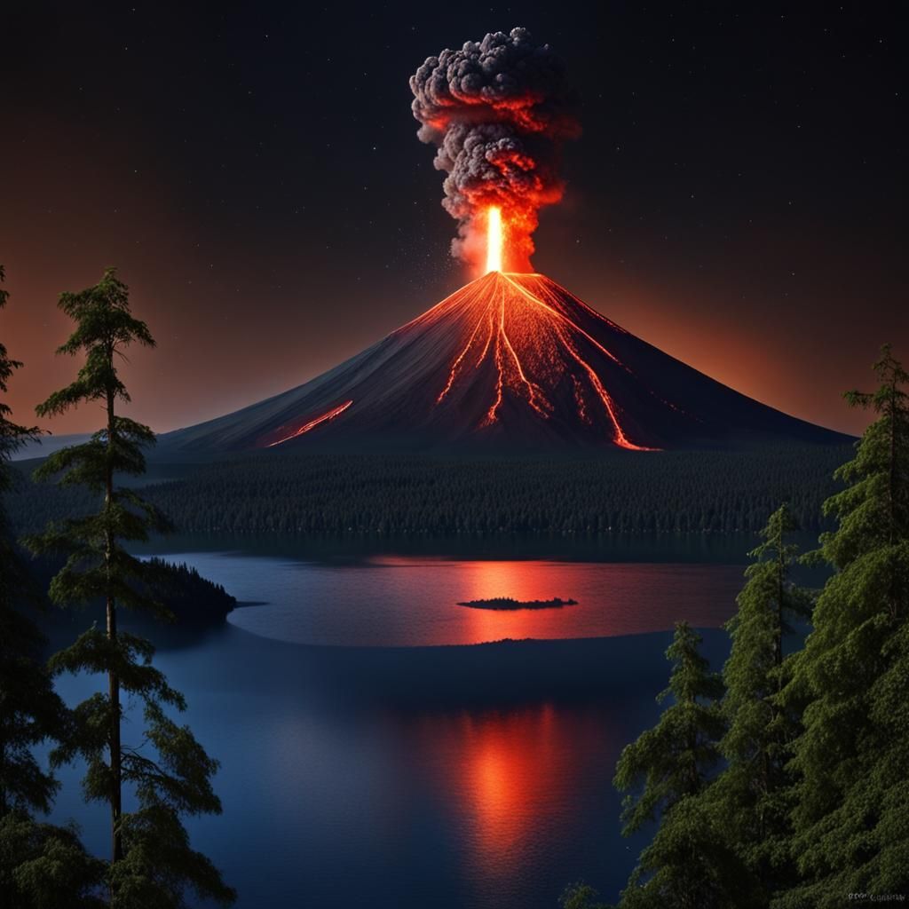 Volcanic Eruption Under Moonlight in High Resolution