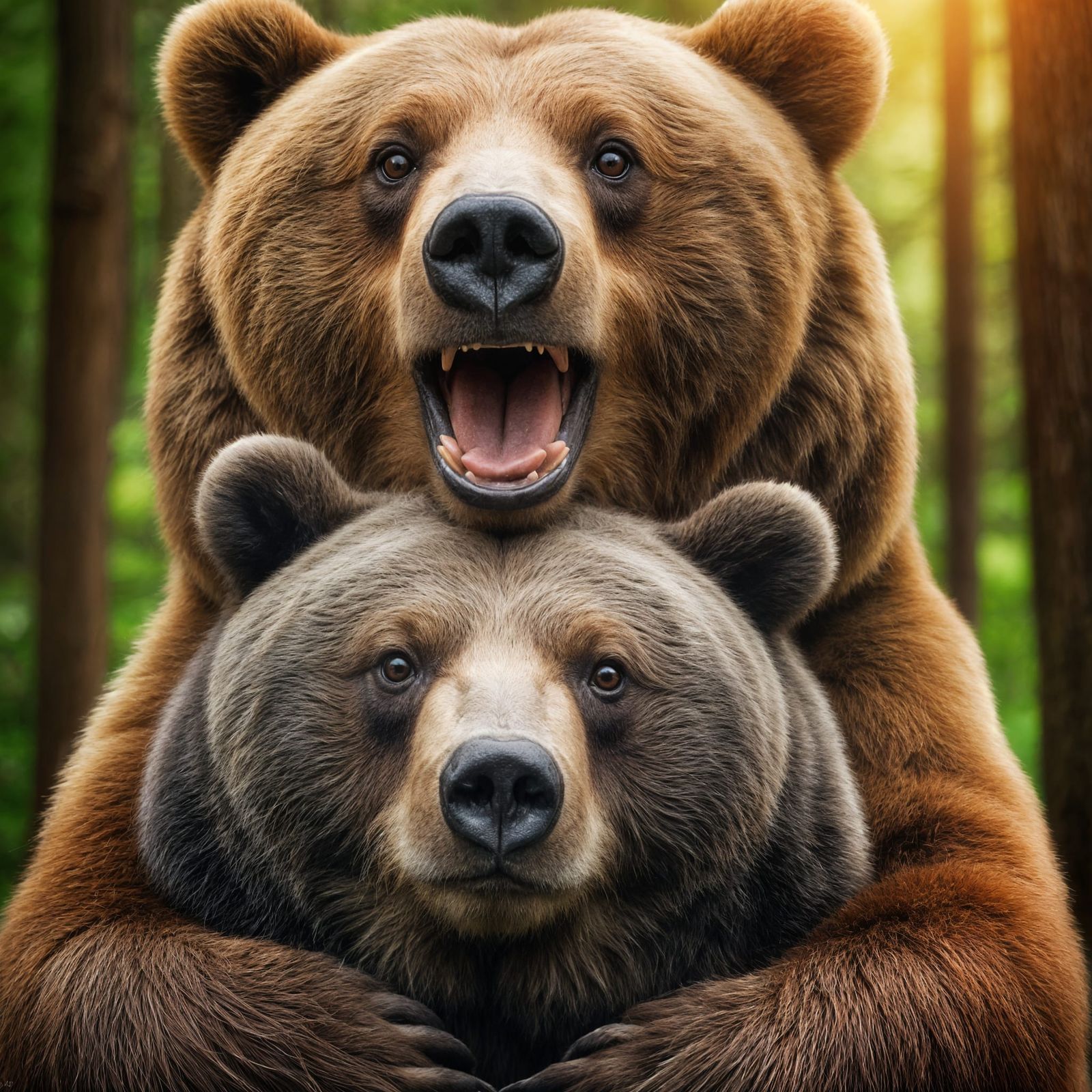 Two Bears Share an Intimate Moment in a Lush Forest