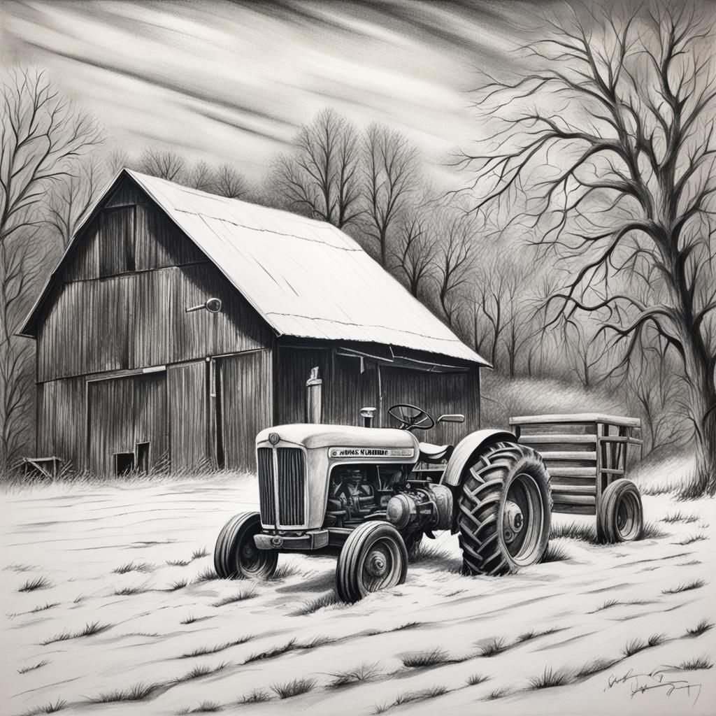 Winter Barn: Hyperdetailed Charcoal Drawing of Snowy Tractor