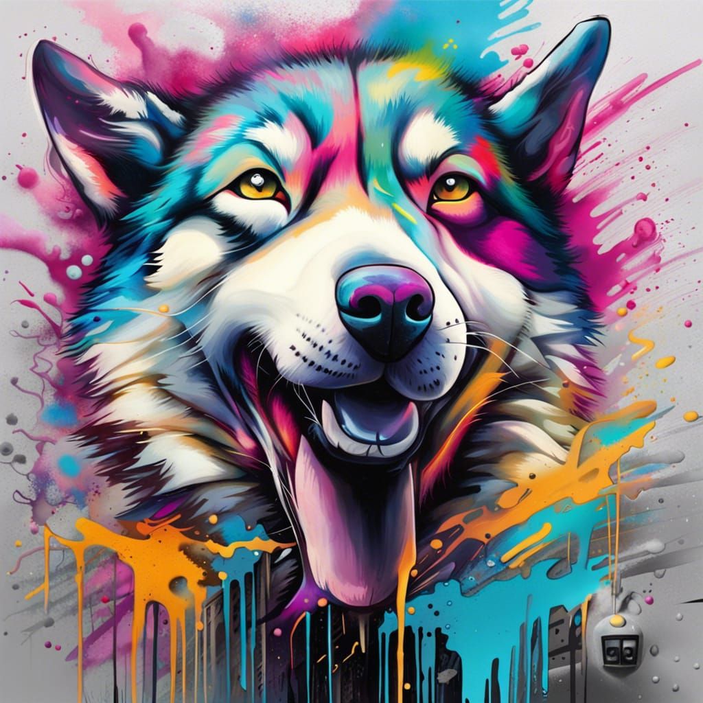 Colorful Husky Graffiti Art in Street Style