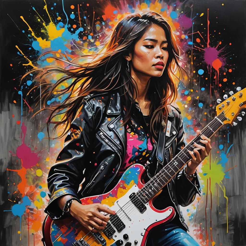Filipina Guitarist in Neon, Acrylic Painting Style