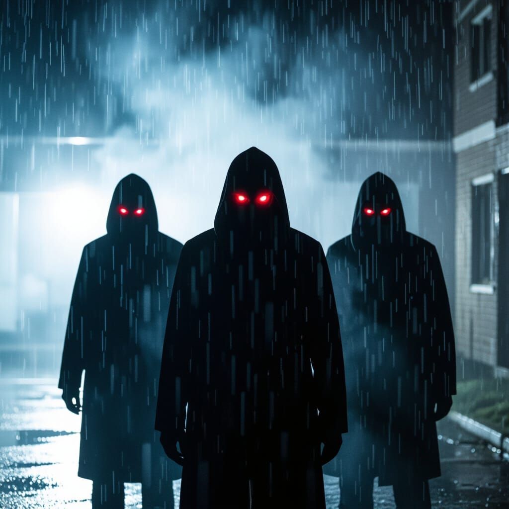 Three Masked Figures in Torrential Rain