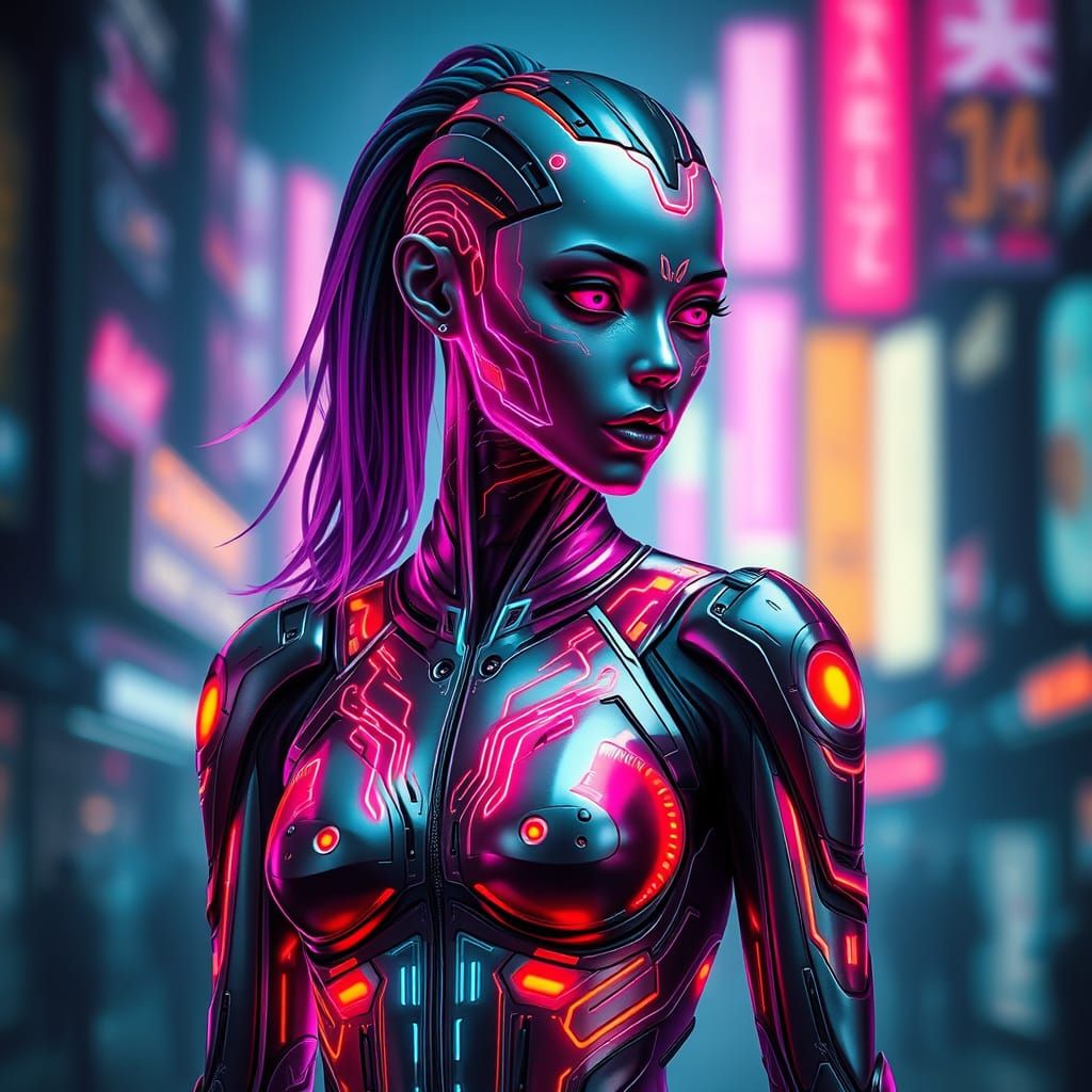 Futuristic Androgynous Being in Neon Cityscape