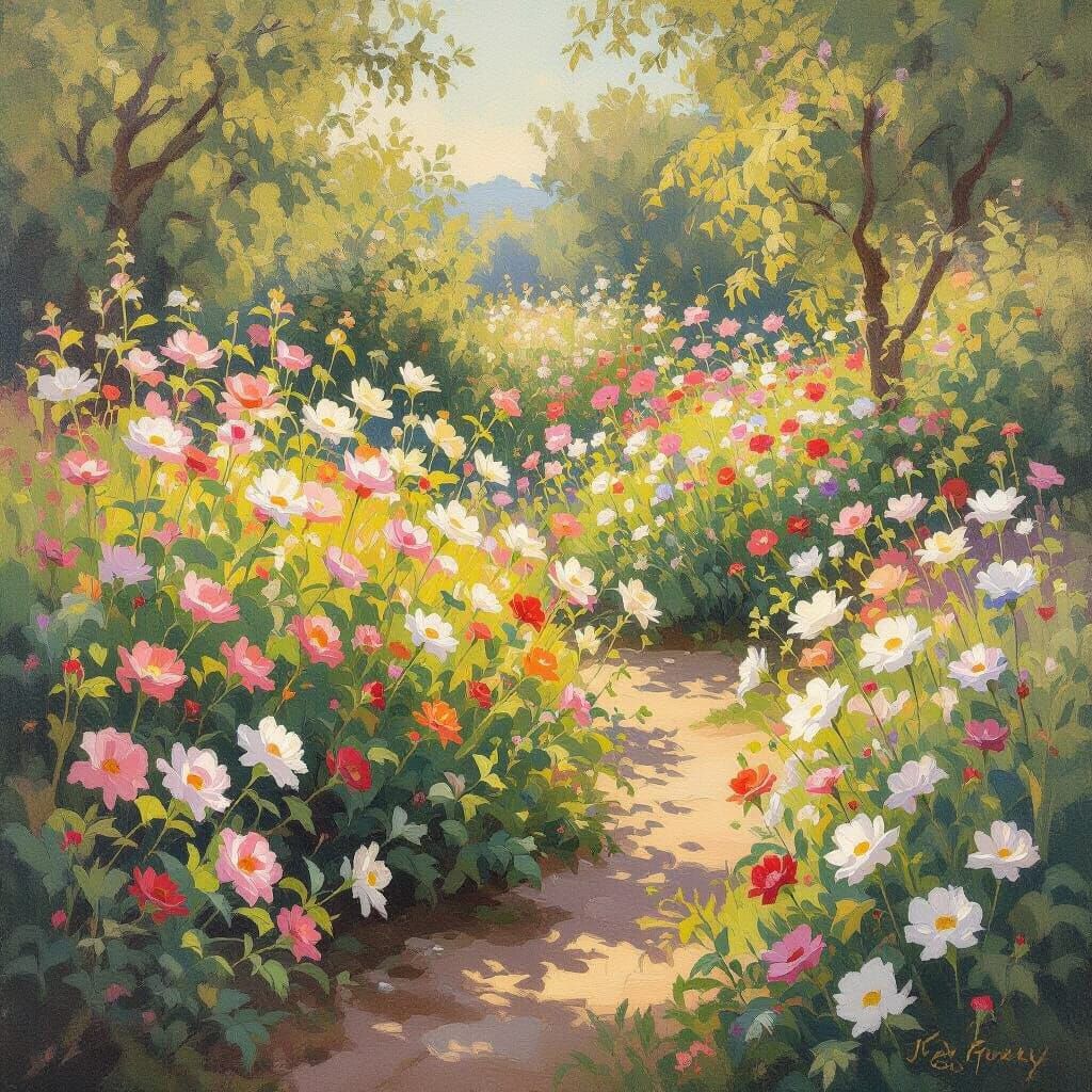 Impressionist Flower Garden in Golden Light