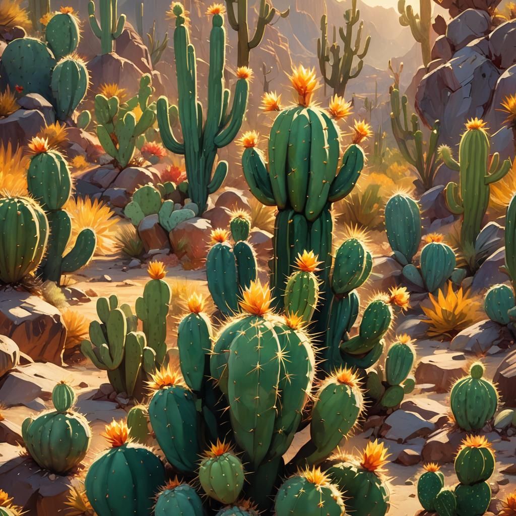 Four Seasons Cactus in Golden Rock: Oil Painting