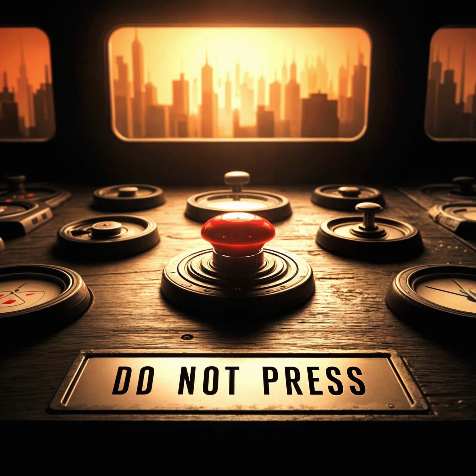 Warning: A Vintage Control Room with a Red Button to Avoid