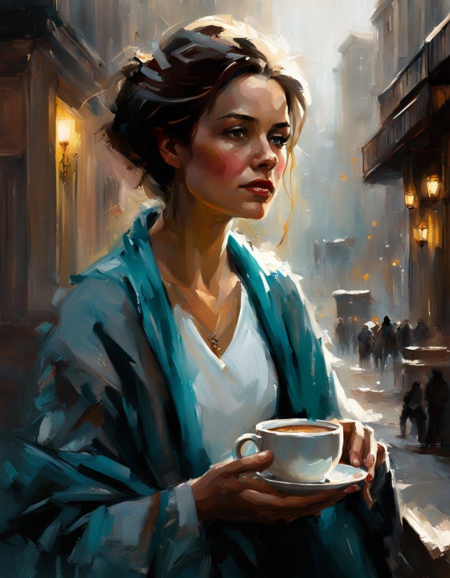 Romantic Oil Painting of Elegant Lady Sipping Coffee