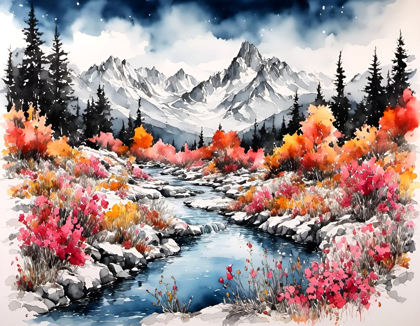 <lora:Pink Snow Catchall> frozen river, flowers, distant mountains, hyperrealistic, black pen and ink, bright watercolor...