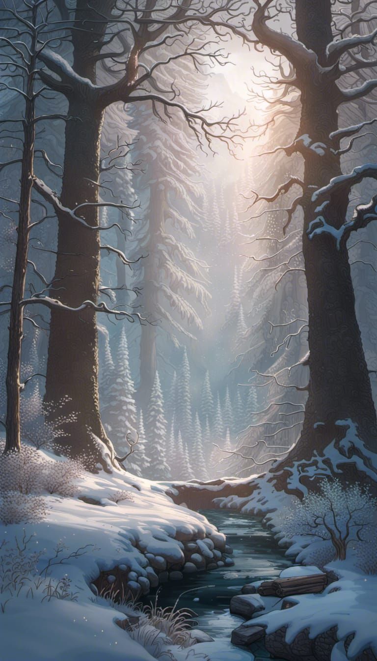 Detailed Magical Winter Forest Landscape in Digital Art