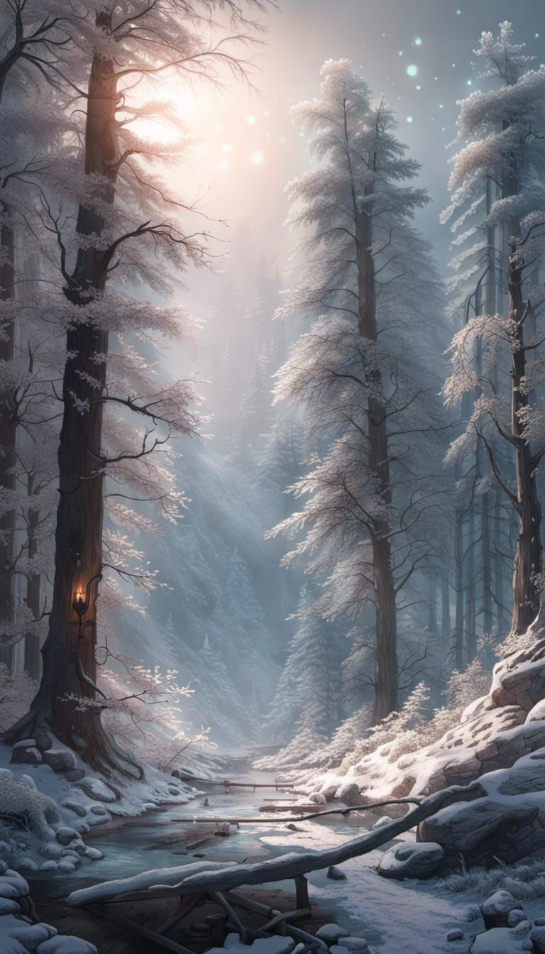 Magical Winter Forest Landscape in Hyper-Realistic Style