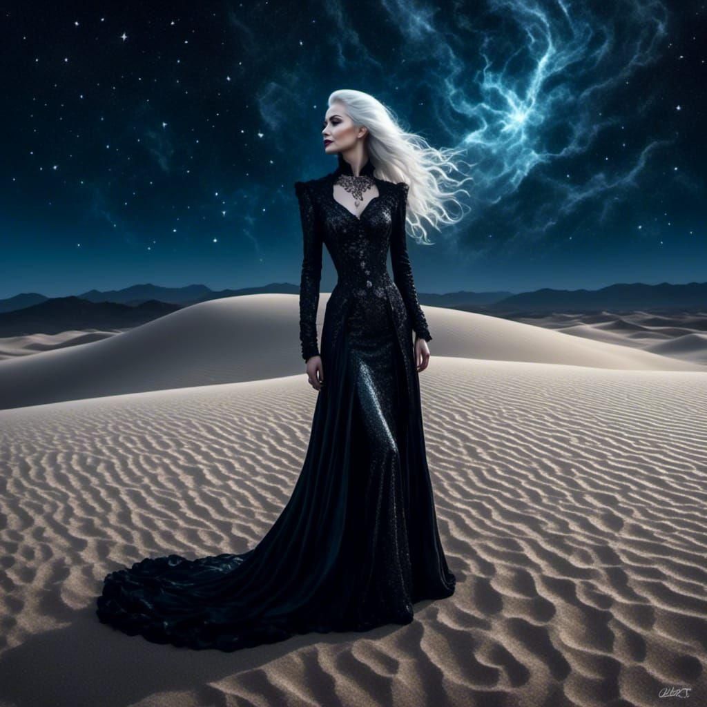 Gothic Vampire in Silver Desert with Electrical Sparkles
