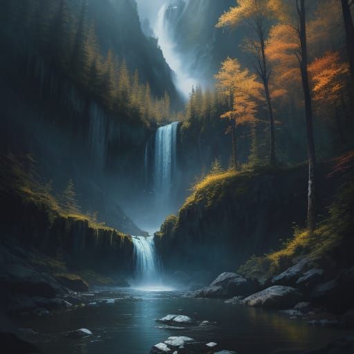 Majestic Waterfall in Mountain Forest: Digital Art