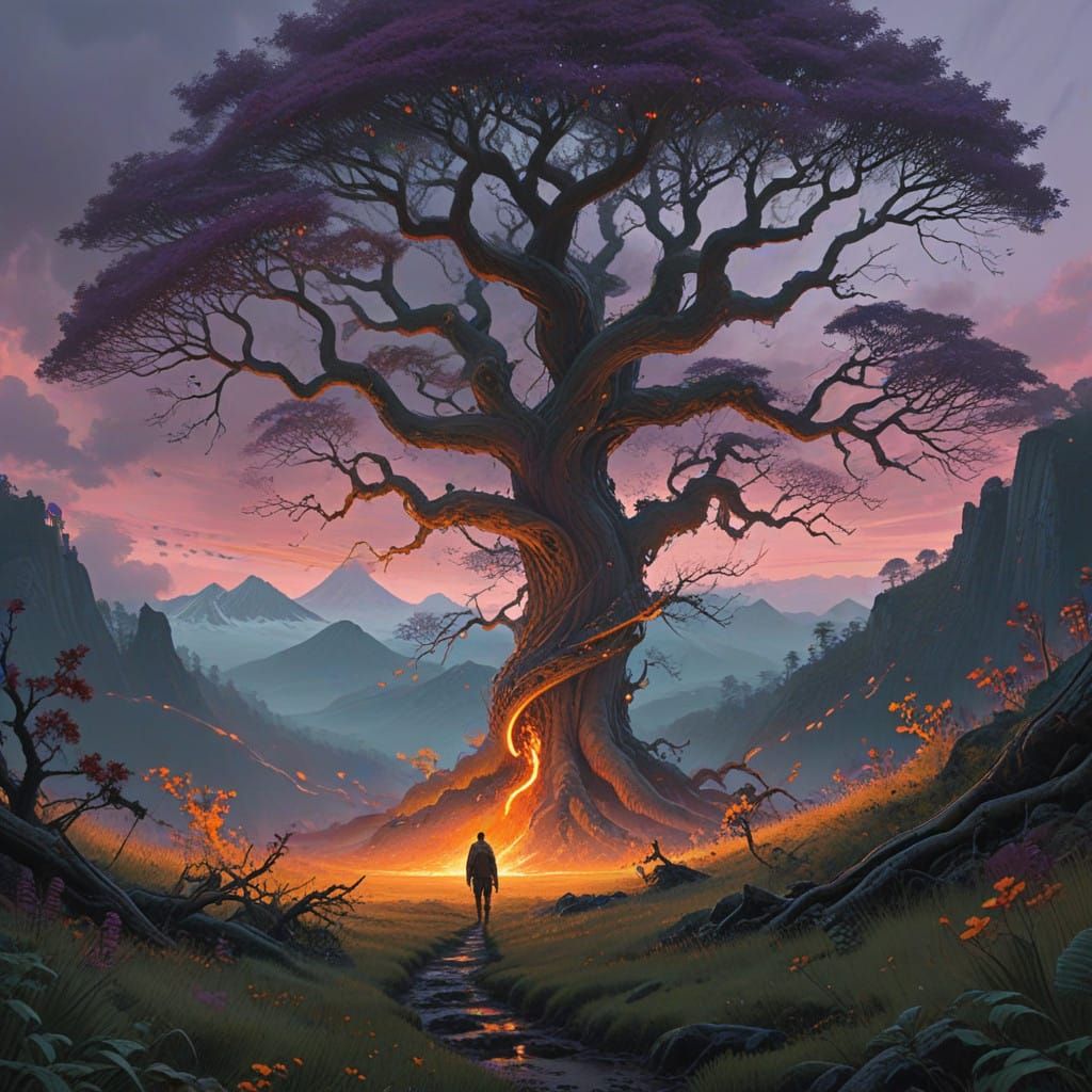 Surreal Tree of Life Radiates Dawn's Fiery Spirit