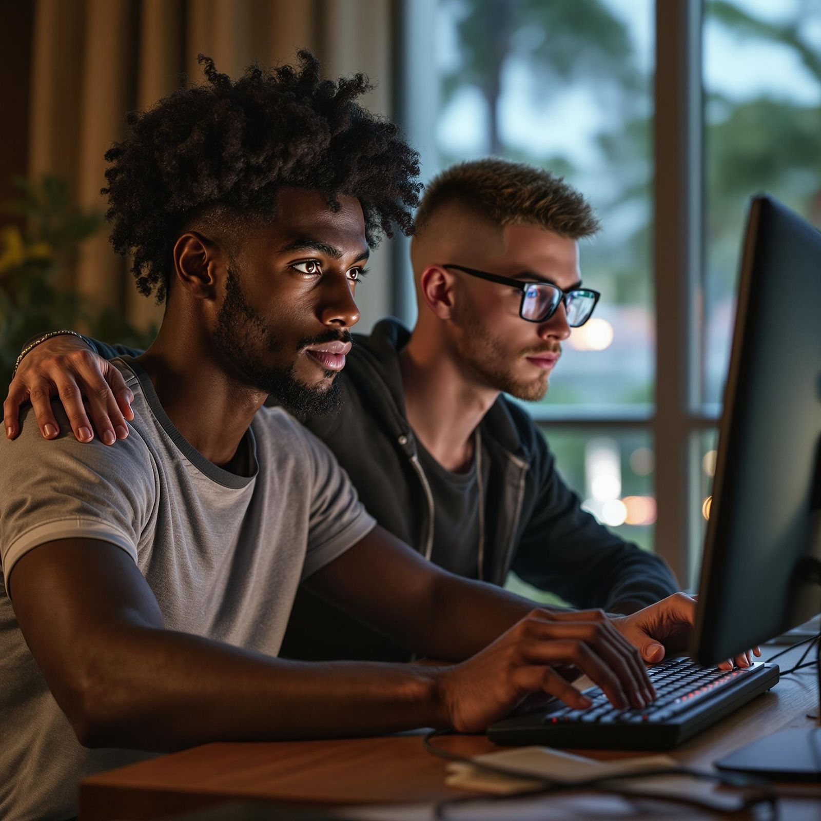 Cinematic Moment of Two Young Lovers in a Resort Room
