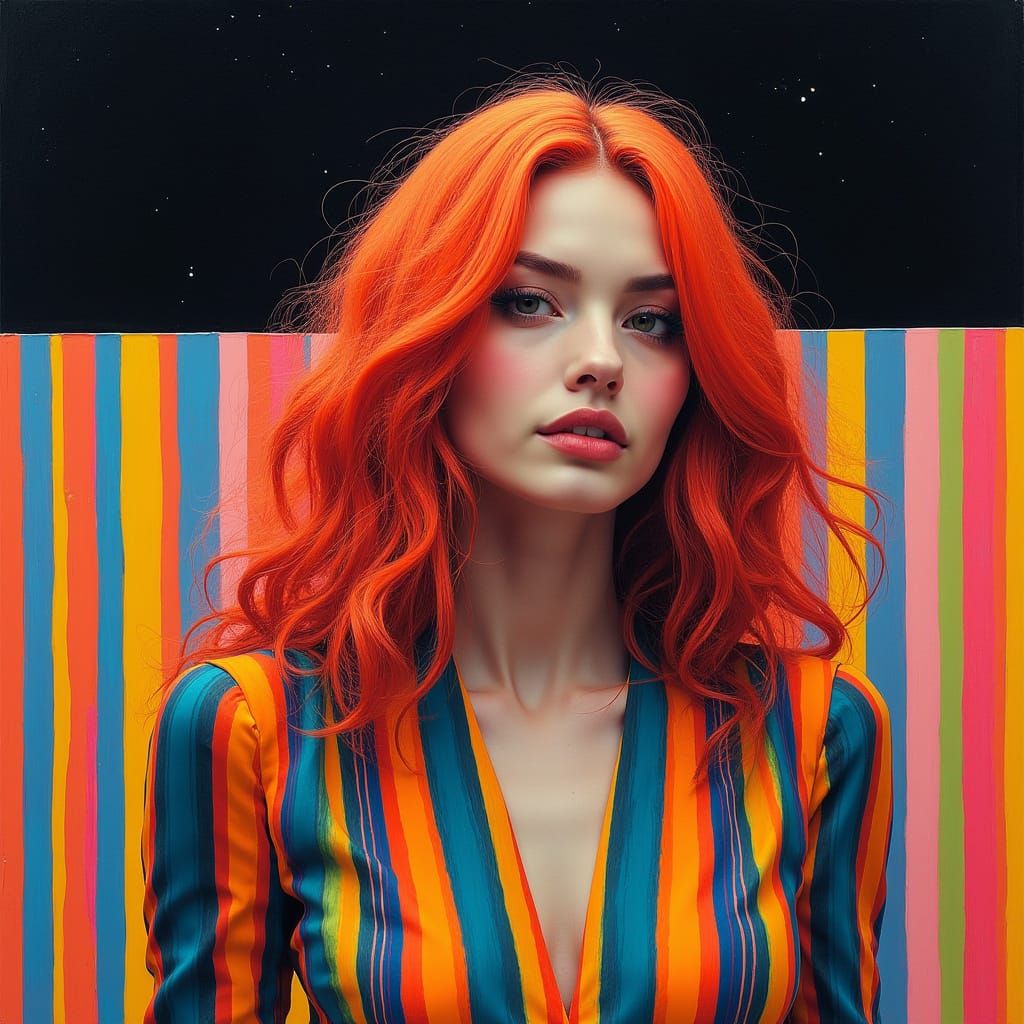 Poised Woman with Yarn Hair in Pop Surrealism Style