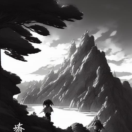 Monochrome Cliffside Landscape in Anime Style