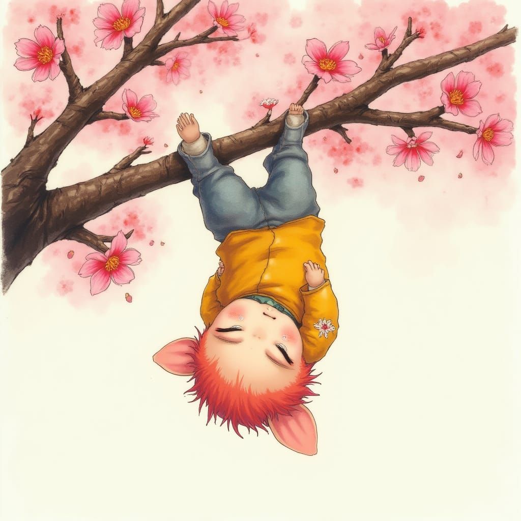 Whimsical Newt Sways from Cherry Blossom Branches in Waterco...
