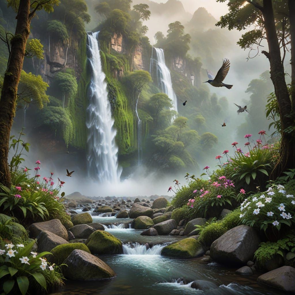 Mountain Paradise with Blooming Flowers and Songbirds