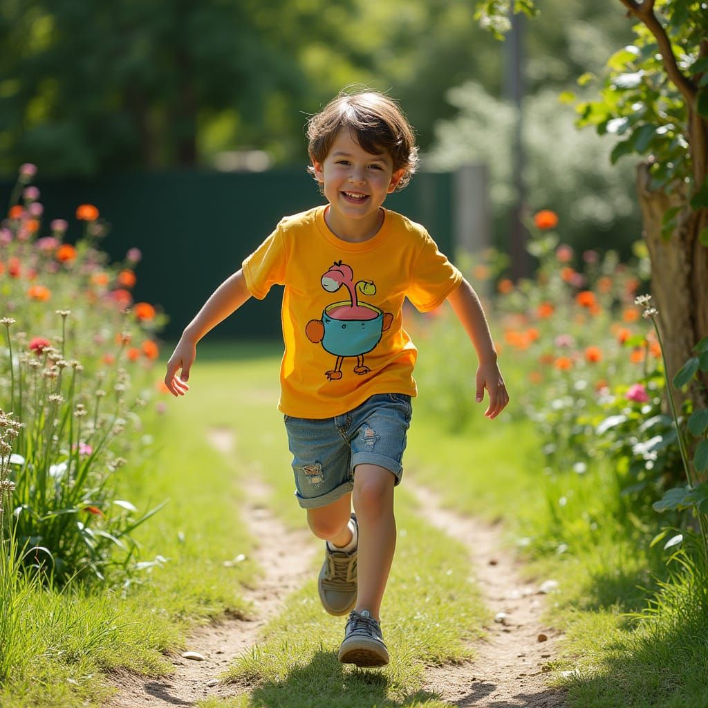 Child Running in Sunny Garden, Naive Art Style
