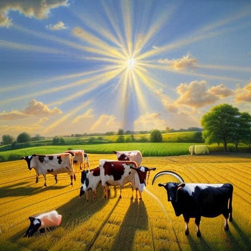 Hyperrealistic Farmhouse Landscape with Livestock in Sunshin...