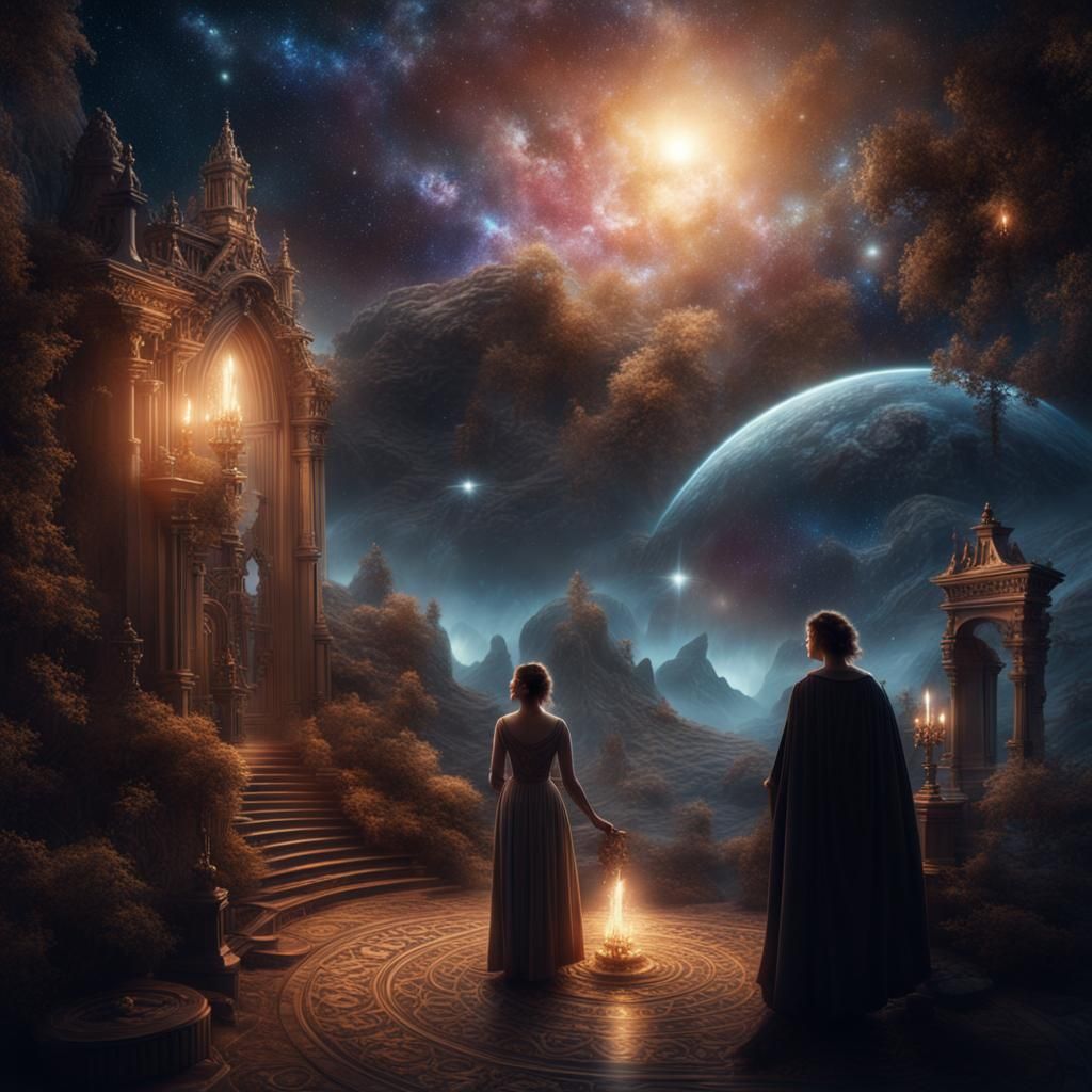 Magical Beings Cast Spells in Starlight: Digital Painting