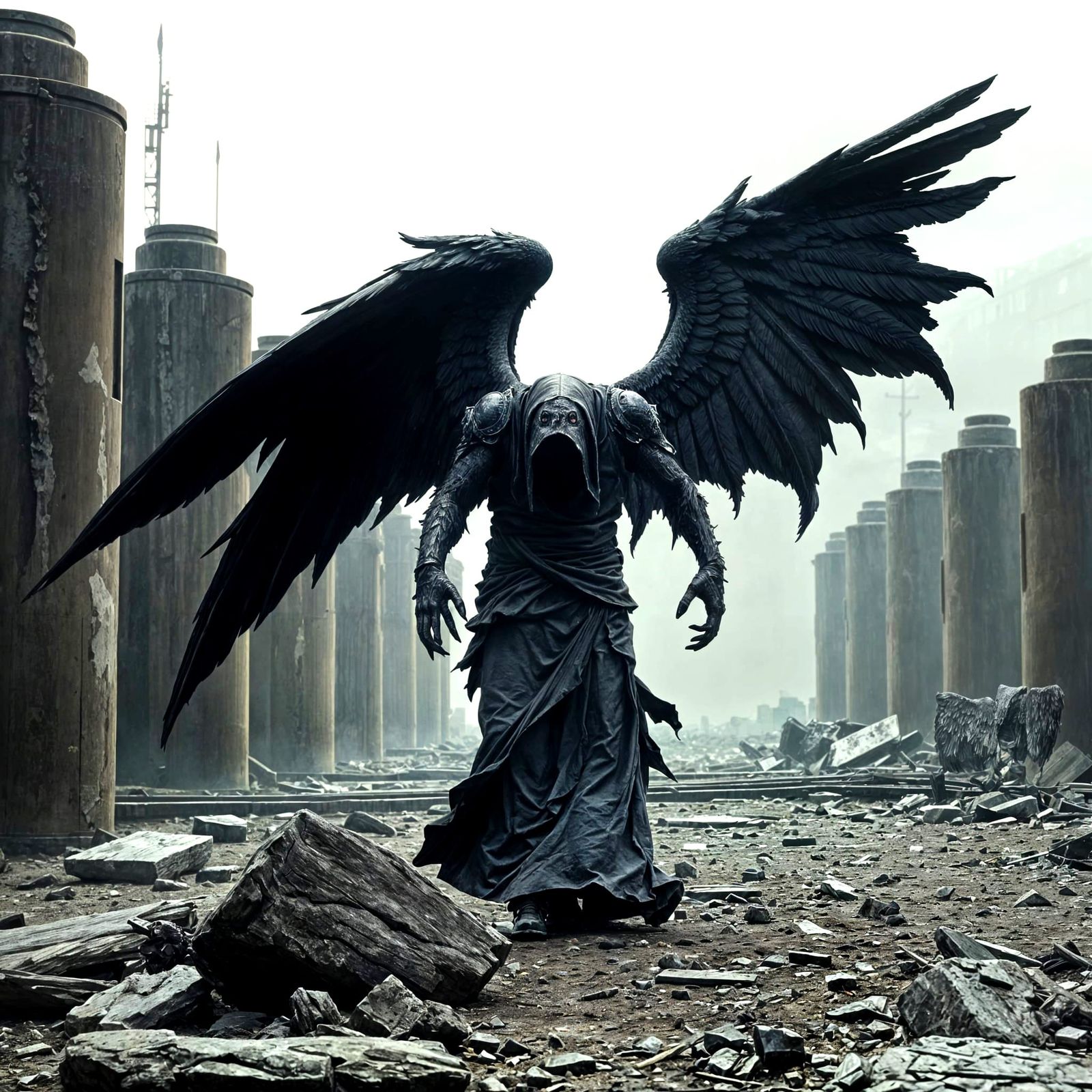Realistic Death Angel Walks Through Wasteland Pillars