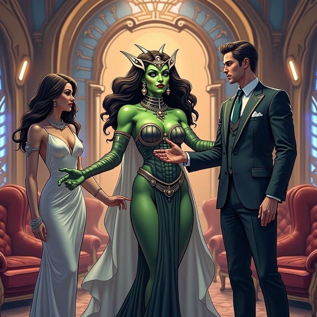 Regal Orc Queen Welcomes Human Companion in Futuristic Harem