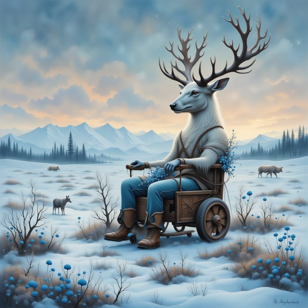 Deer Woman in Arctic Wheelchair with Poppies