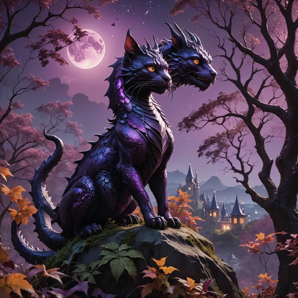 Cat Dragon on Hill Under Purple Moon