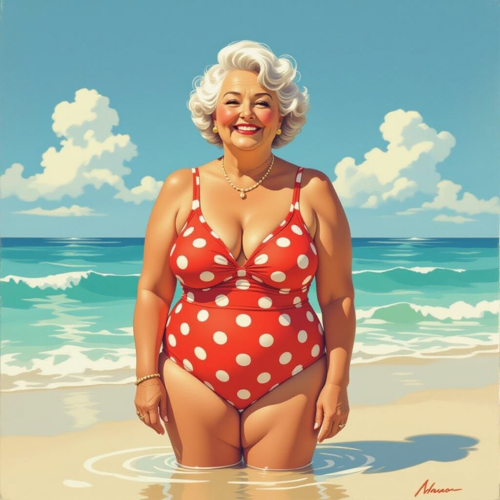 Joyful Grandmother in Retro Swimsuit on Sunny Beach