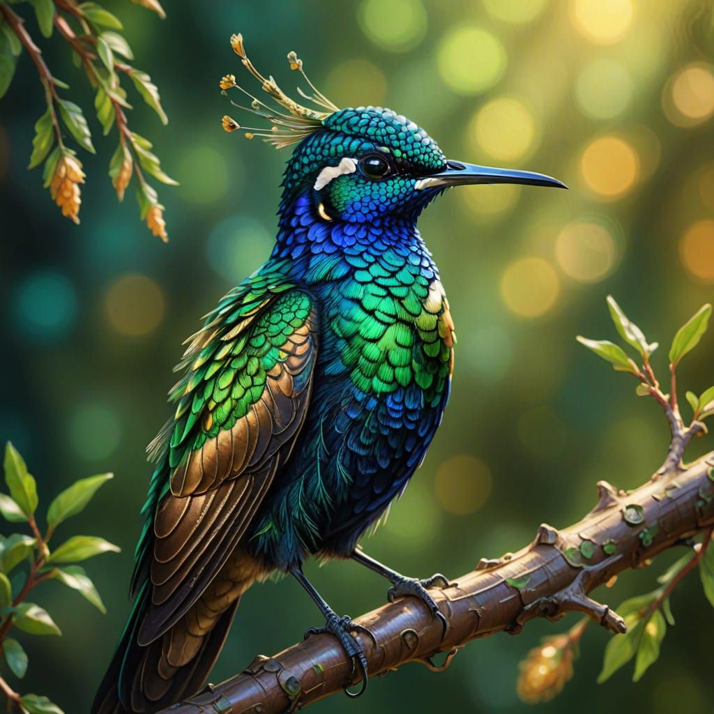Hummingbird-Peacock Hybrid in Vibrant Oil Painting Style