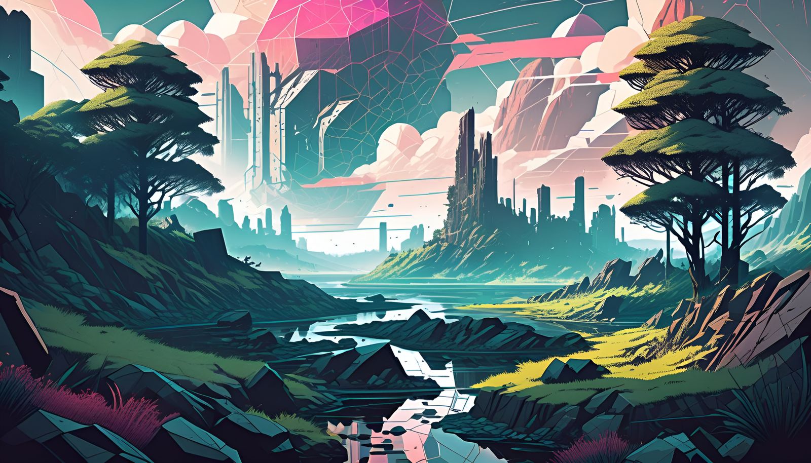 Cyberpunk Valley Scene in Polygon Design