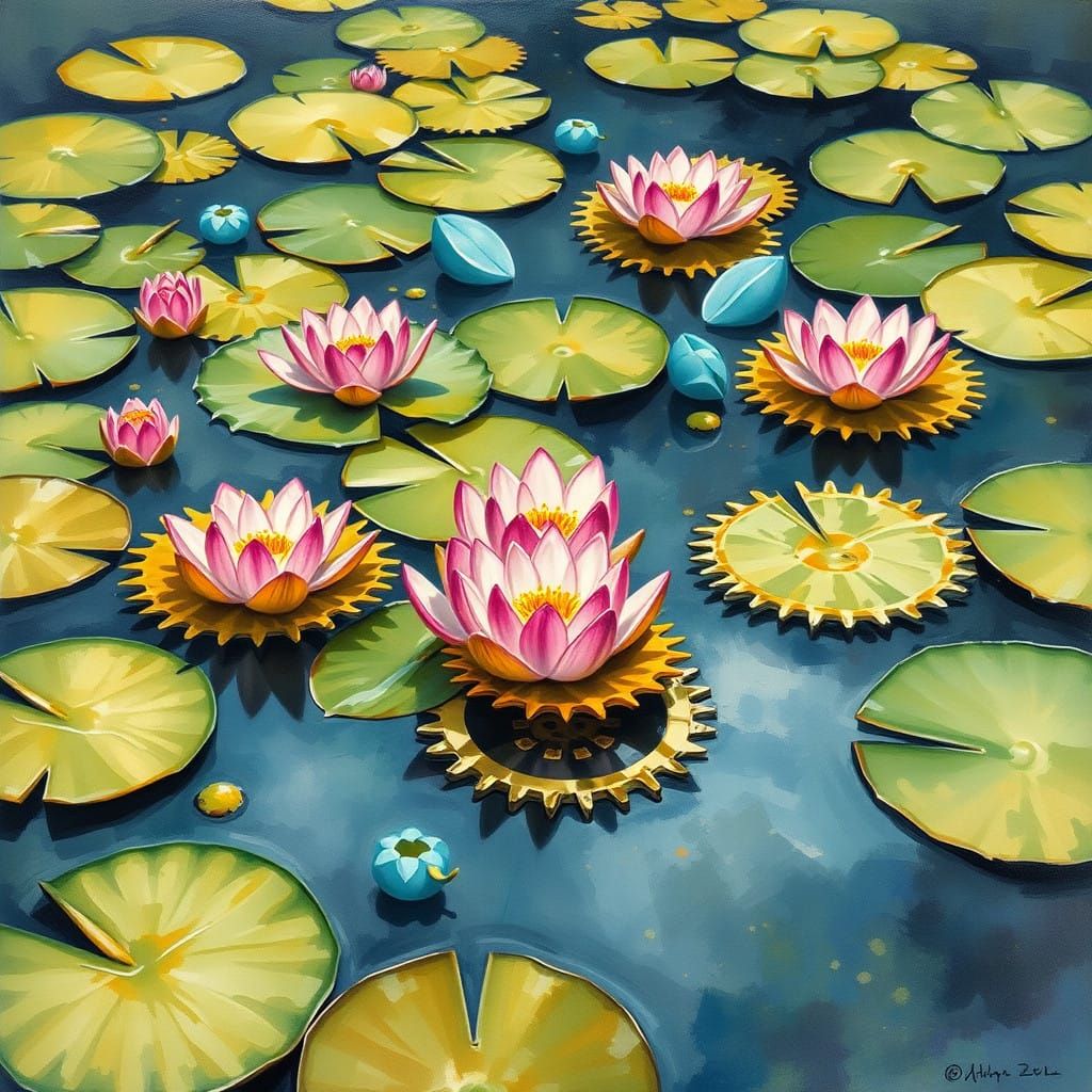 Ethereal Gouache Masterpiece of Gears and Lily Pads on a Pon...