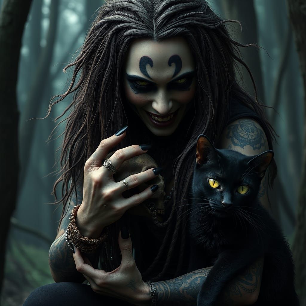 Enraged Witch Portrait in Misty Forest, Dark Fantasy