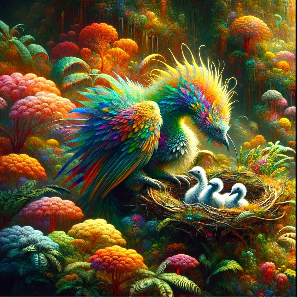 Feathered Dragon Mother in Rainforest, Colored Pencil Art