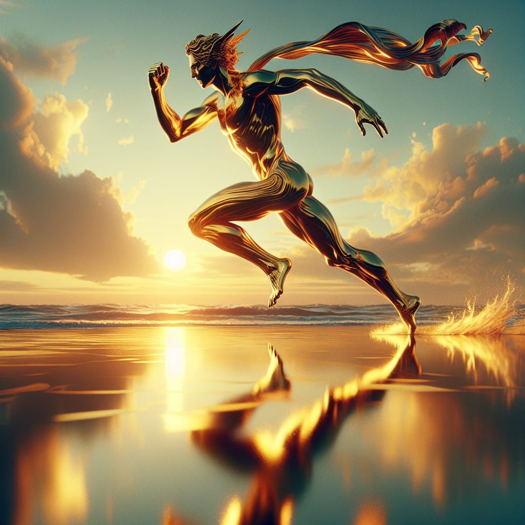 Golden Apollo Runs on Sunset Beach: Hyperrealistic Image