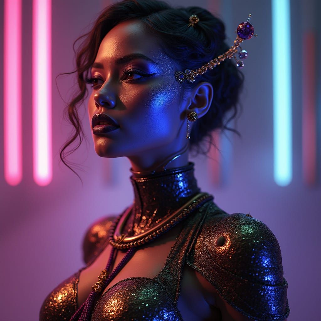 Glamorous Cyberpunk Fairy in Shimmering Armor