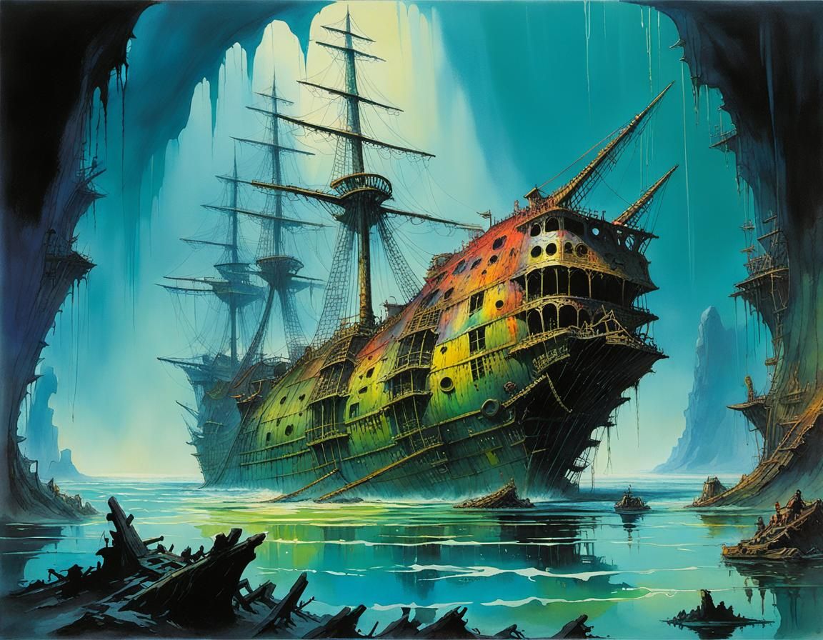 Sunken Galleon in Drifting Wet Washed Alcohol Ink Art