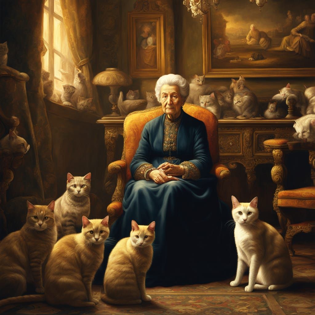 Elegant Lady Surrounded by Cats in a Golden Baroque Chamber