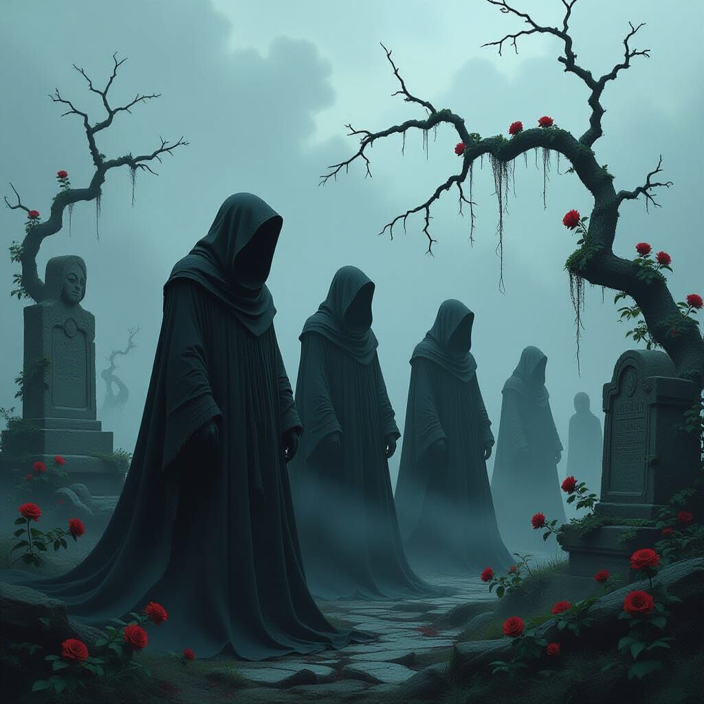 Hooded Cyborgs in Dark Surrealist Landscape