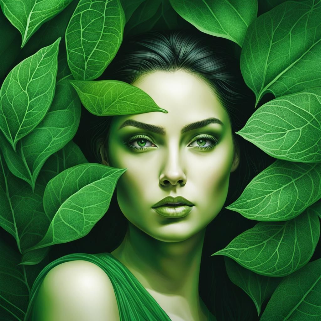 Woman in Green Veins and Leaves: Hyperrealistic Detail